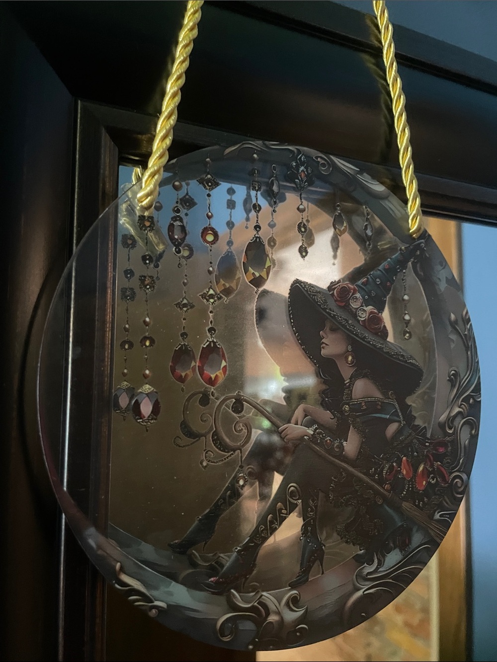 Witch on Crescent Moon Window Decor - Green and Gold B27 - Picture 7 of 8